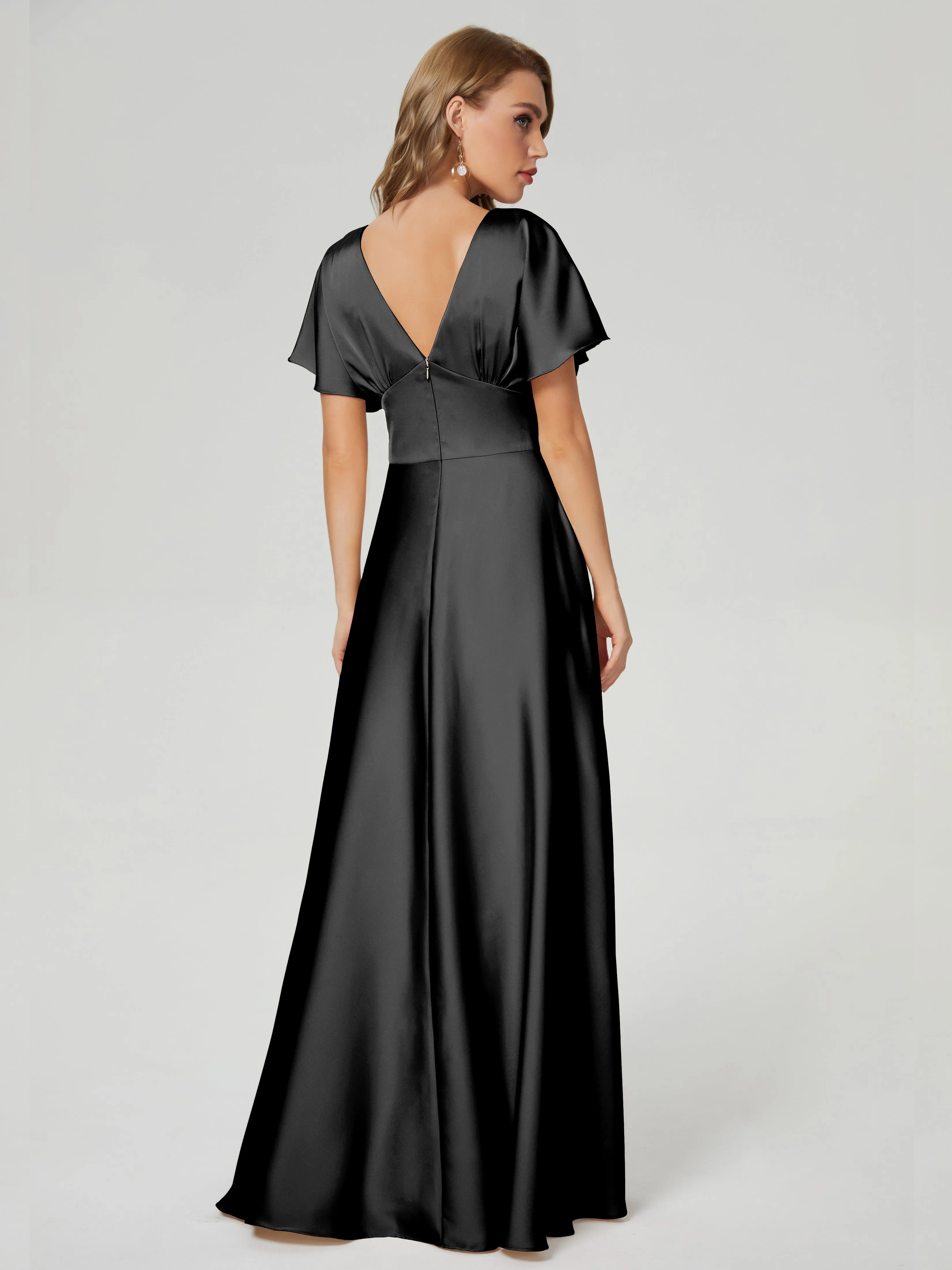 Black Bridesmaid Dresses With Sleeves Ariah Modest V Neck Short Sleeves Soft Satin Dresses