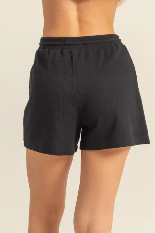 Black Waffle Knit Drawstring Shorts with Front Cargo Pockets