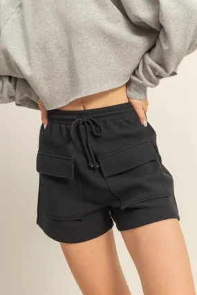 Black Waffle Knit Drawstring Shorts with Front Cargo Pockets