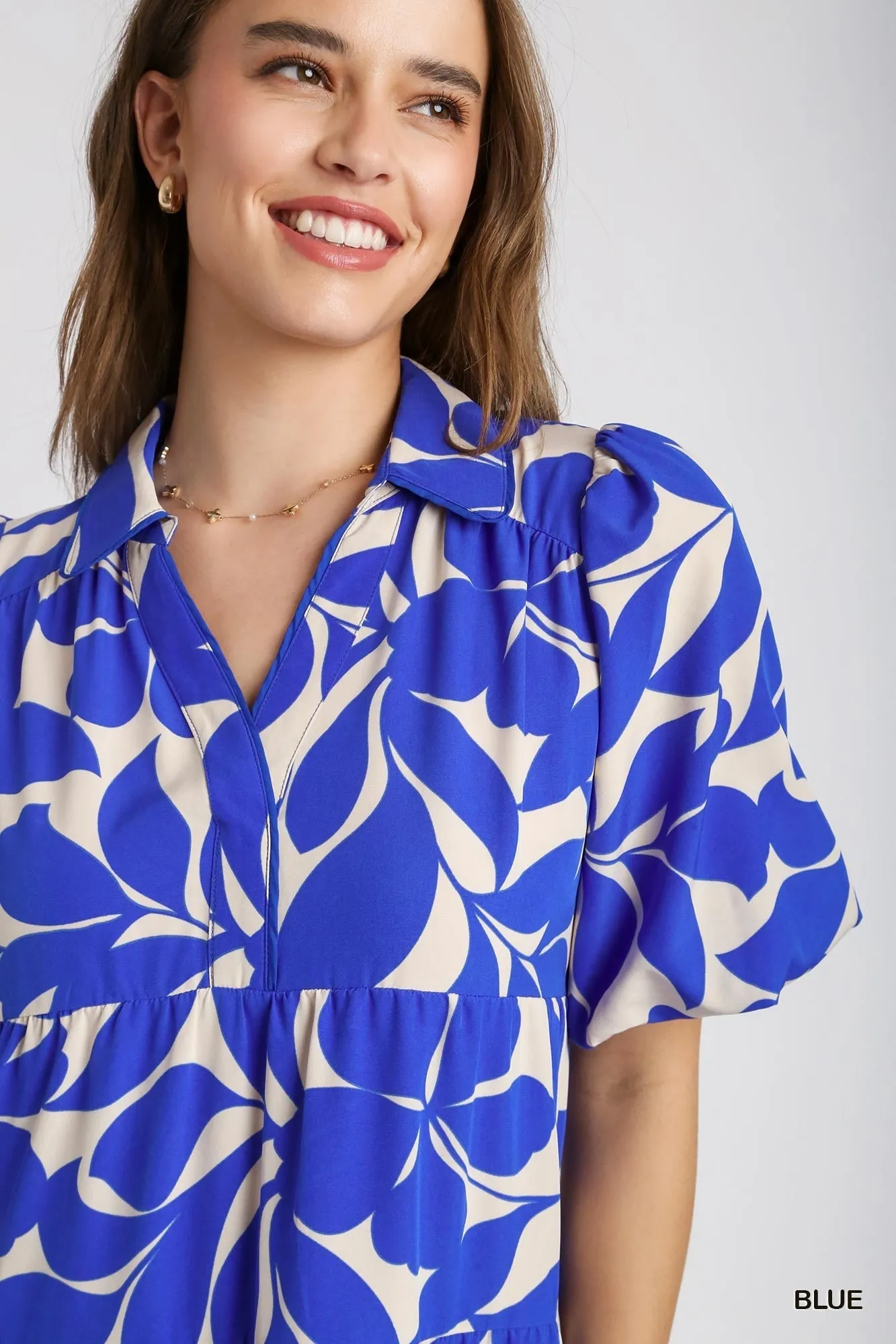 Blue Floral Collared Midi Dress