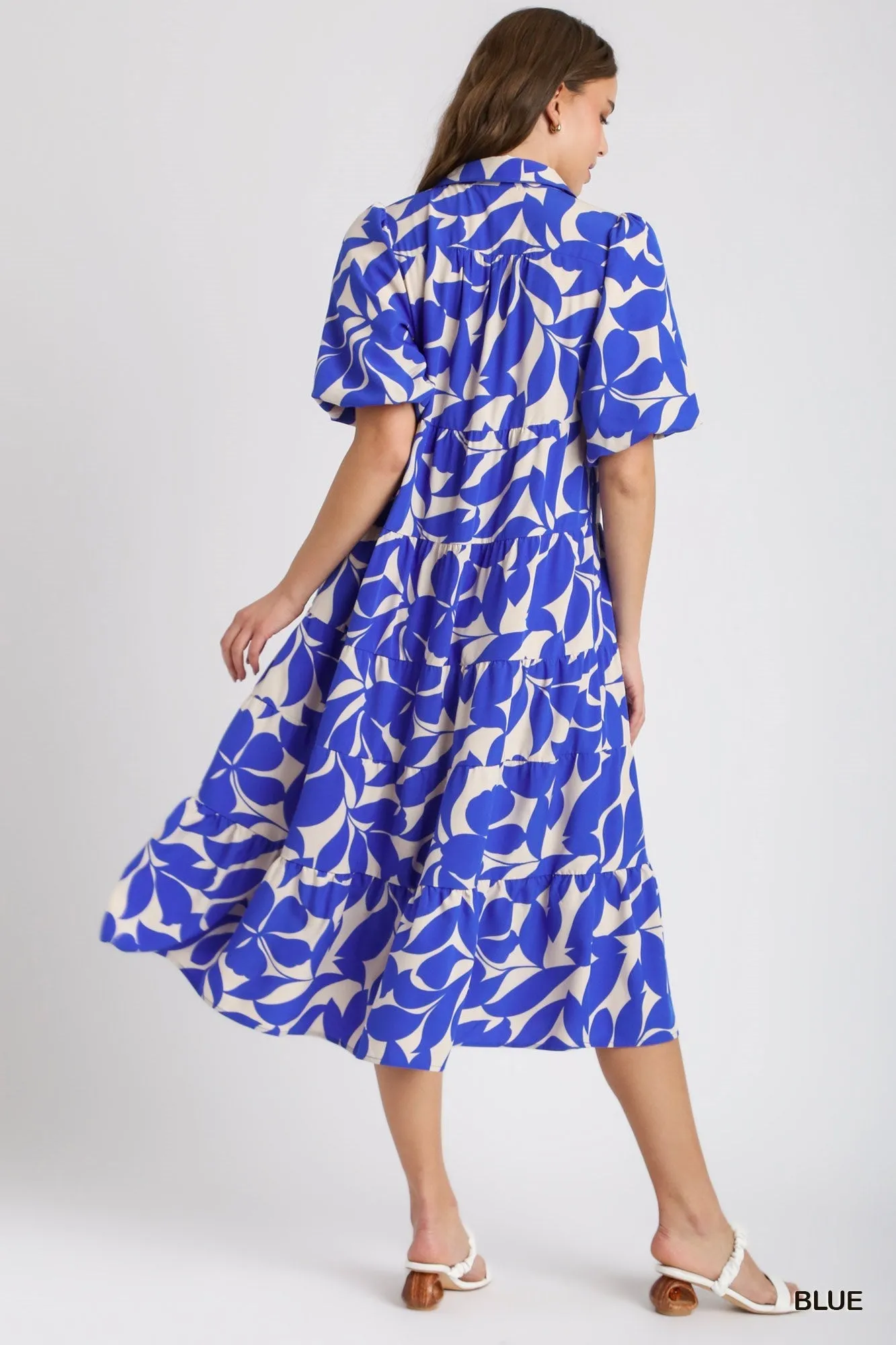 Blue Floral Collared Midi Dress
