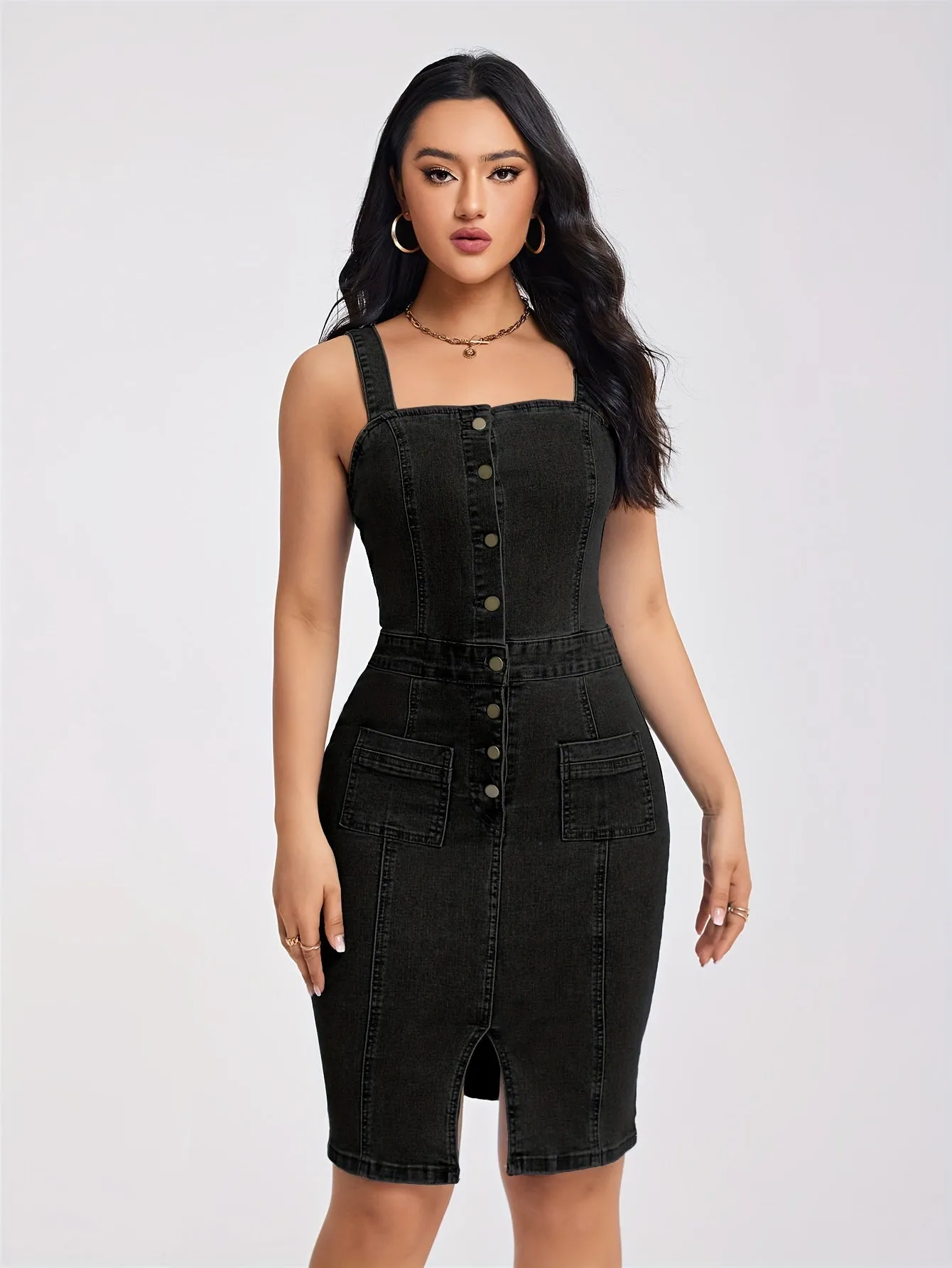 Chic Sleeveless Half-Button Front Denim Dress with Side Slit - Figure-Hugging Design with Functional Pockets - Casual to Night-Out Wear