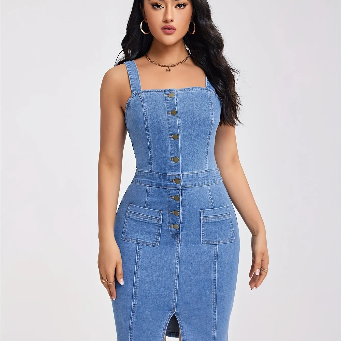 Chic Sleeveless Half-Button Front Denim Dress with Side Slit - Figure-Hugging Design with Functional Pockets - Casual to Night-Out Wear