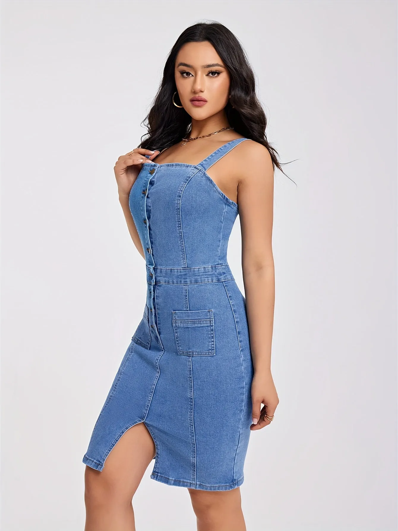 Chic Sleeveless Half-Button Front Denim Dress with Side Slit - Figure-Hugging Design with Functional Pockets - Casual to Night-Out Wear