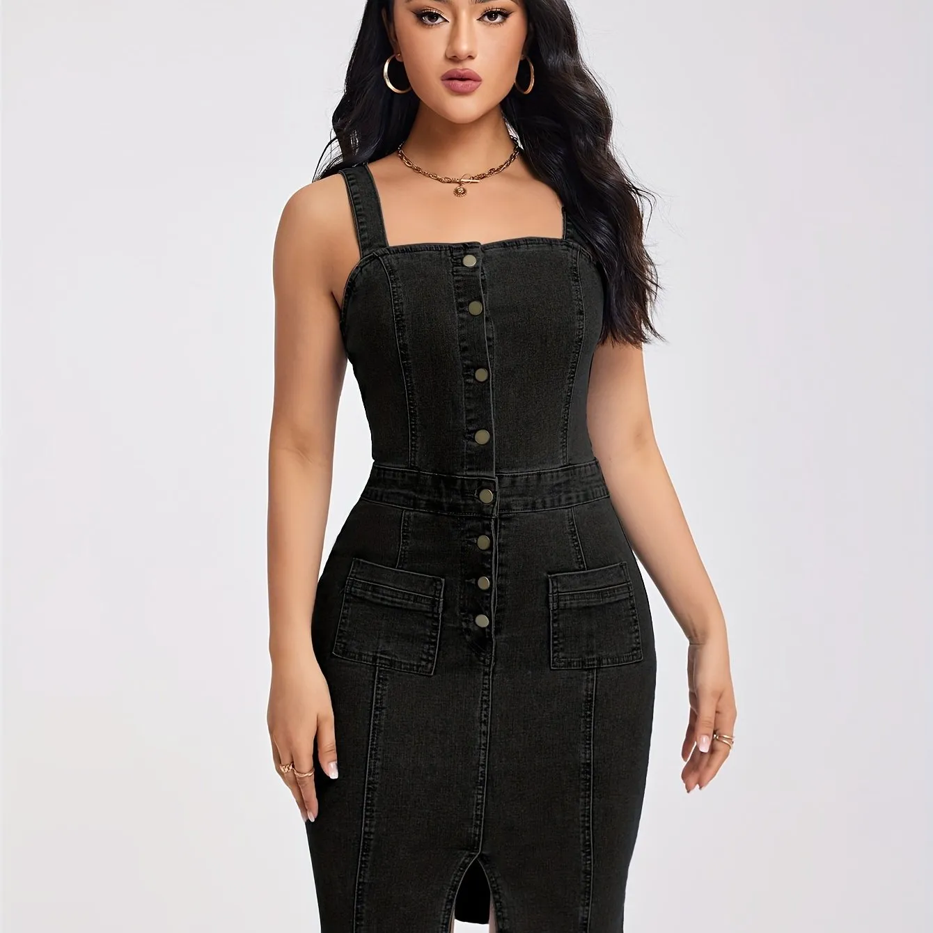 Chic Sleeveless Half-Button Front Denim Dress with Side Slit - Figure-Hugging Design with Functional Pockets - Casual to Night-Out Wear
