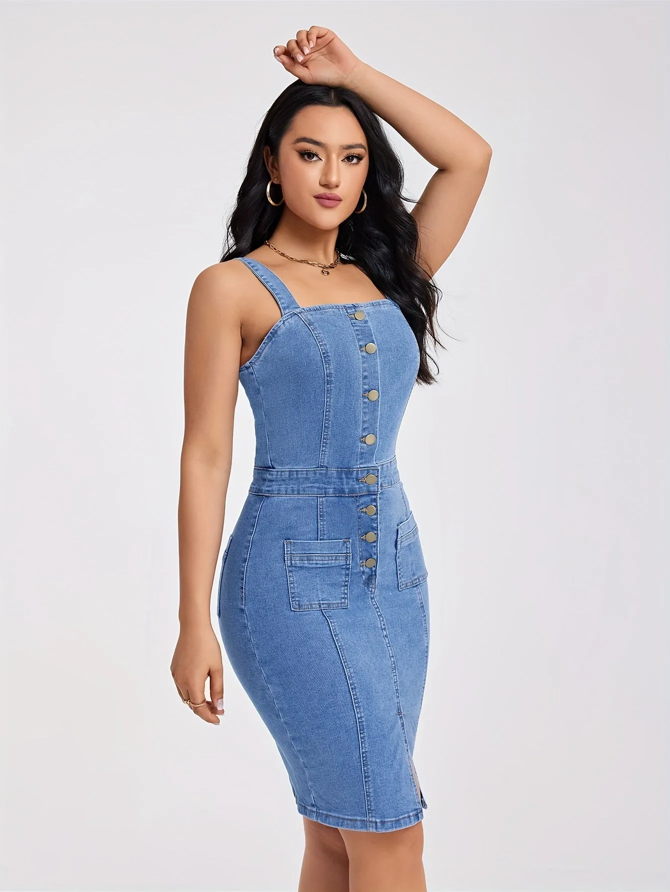 Chic Sleeveless Half-Button Front Denim Dress with Side Slit - Figure-Hugging Design with Functional Pockets - Casual to Night-Out Wear