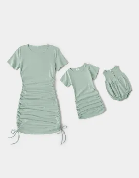 Drawstring Short Sleeve Mini Dresses for Mommy and Me - Light Green
