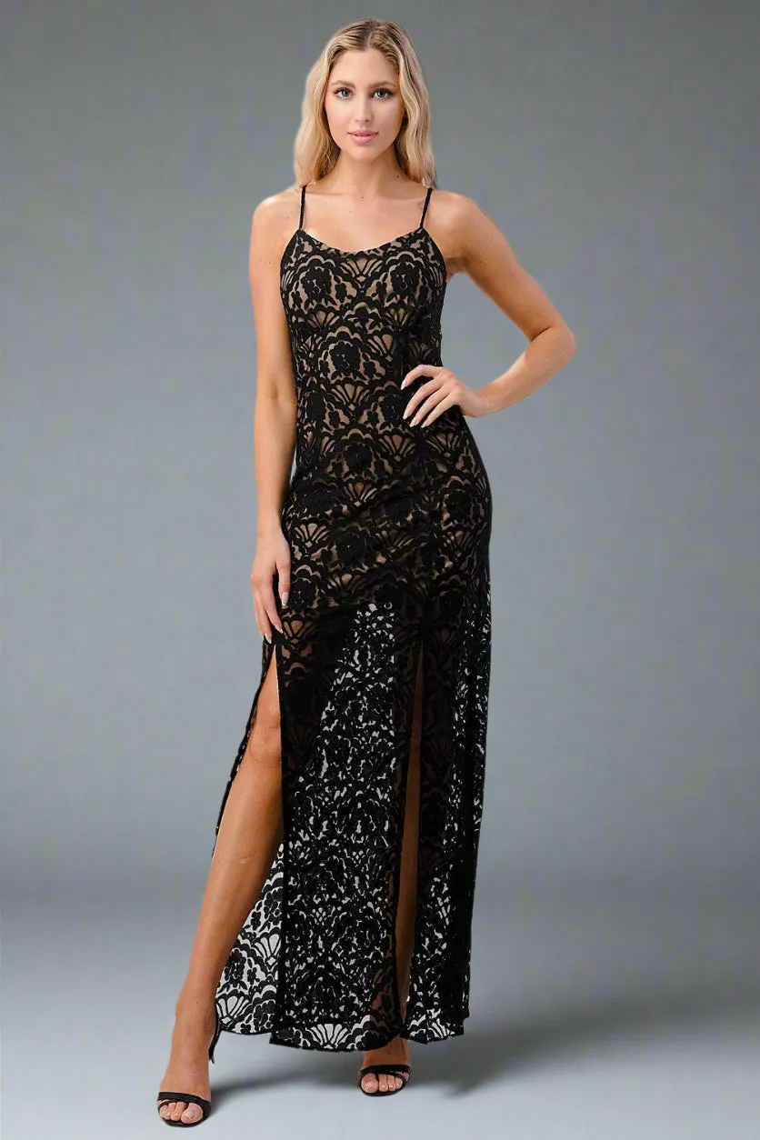 Elegant Black Lace Maxi Dress with Side Slit