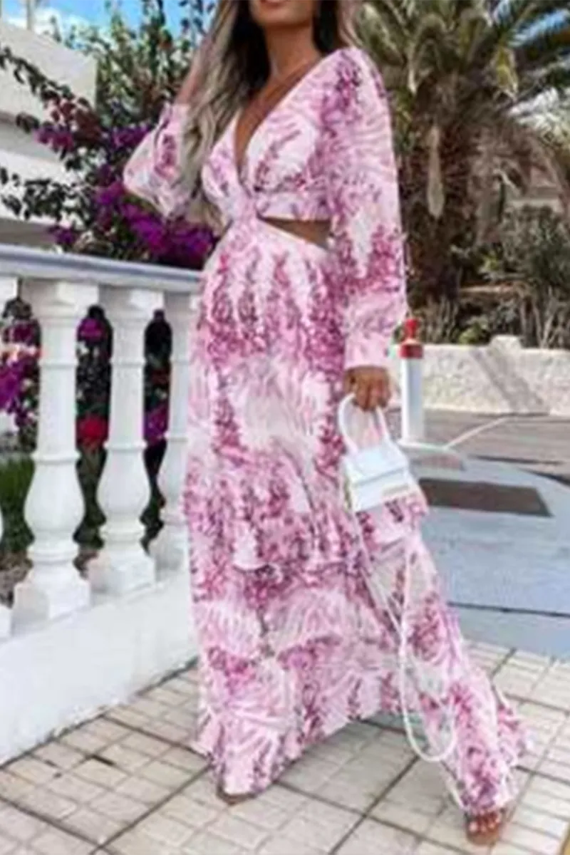 Fashion Elegant Print Hollowed Out Flounce V Neck A Line Dresses(4 colors)