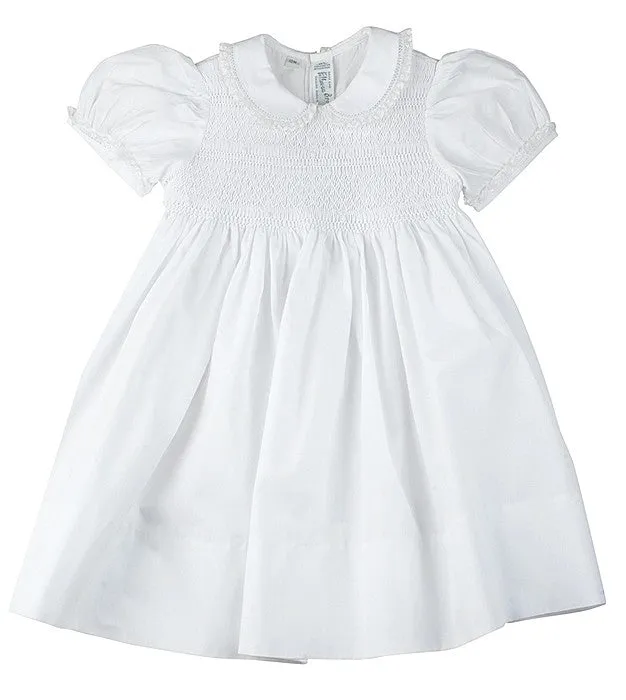 Feltman Brothers Infant Girls Midgie Dress - Smocked Bodice and Lace Trim Collar - White