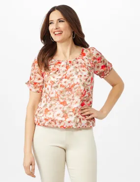 Floral Pleat Neck Bubble Hem Top- Petite