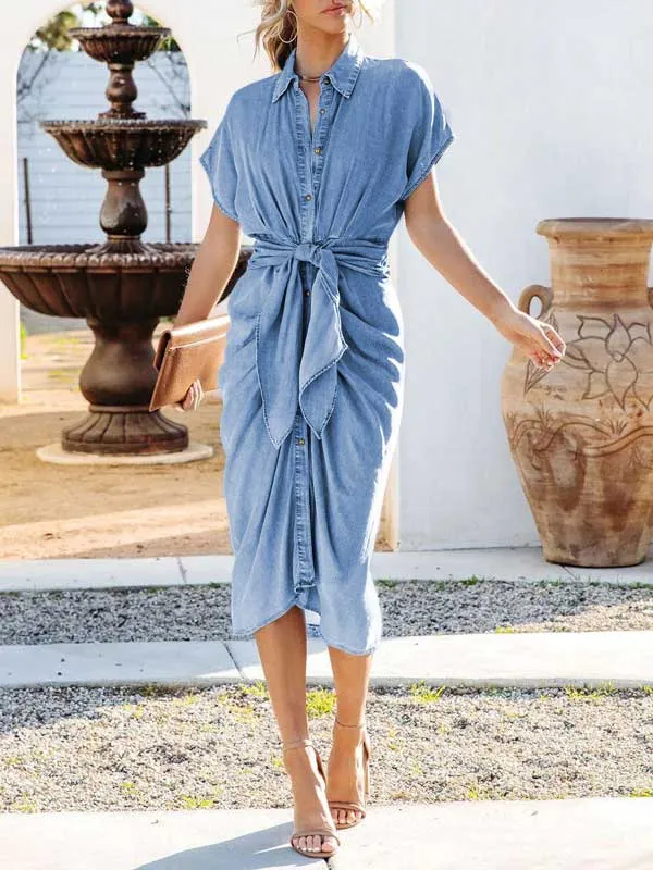 Front Tie Short Sleeve Midi Dress