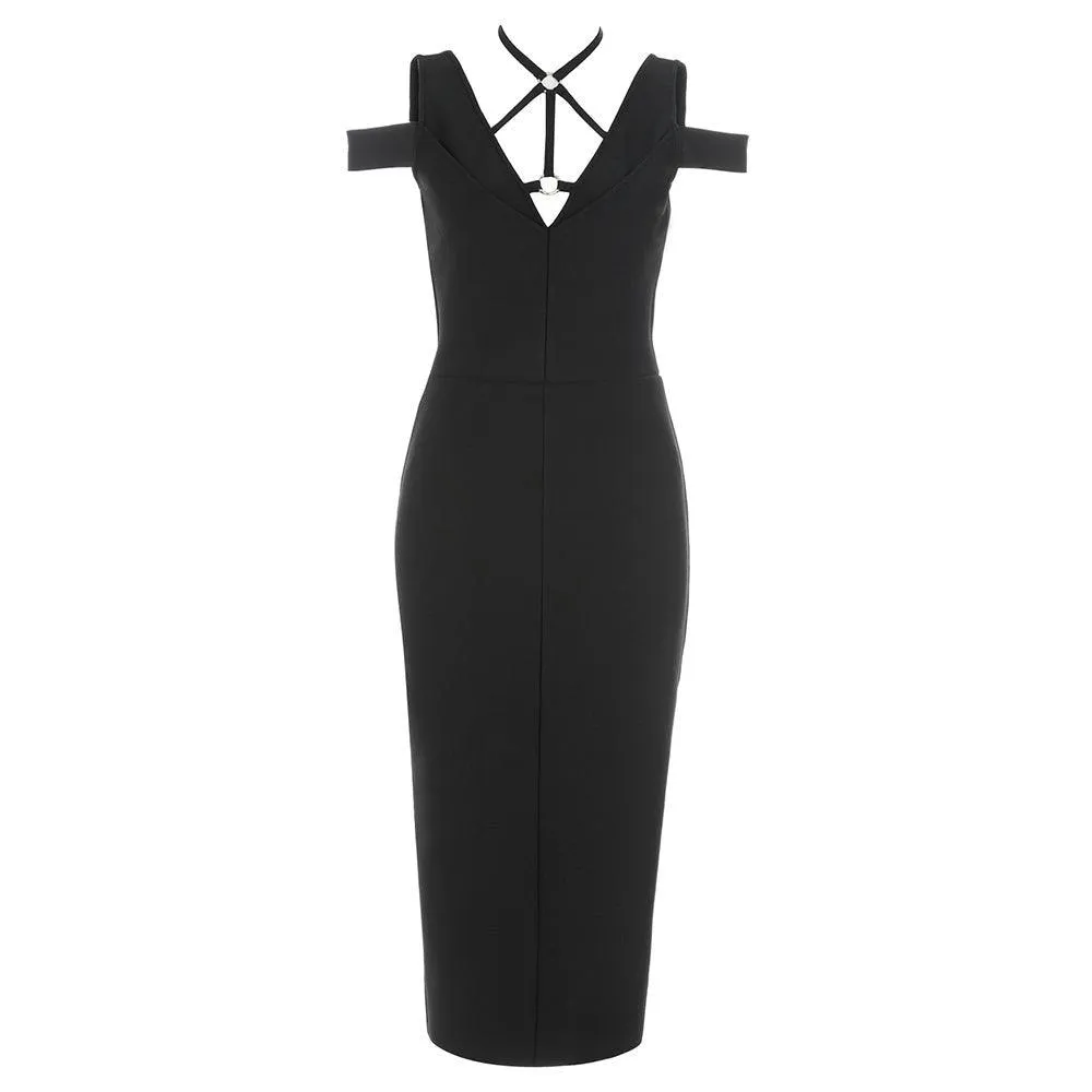 GFIT® V Neck Short Sleeve Zipper Midi Bandage Dress