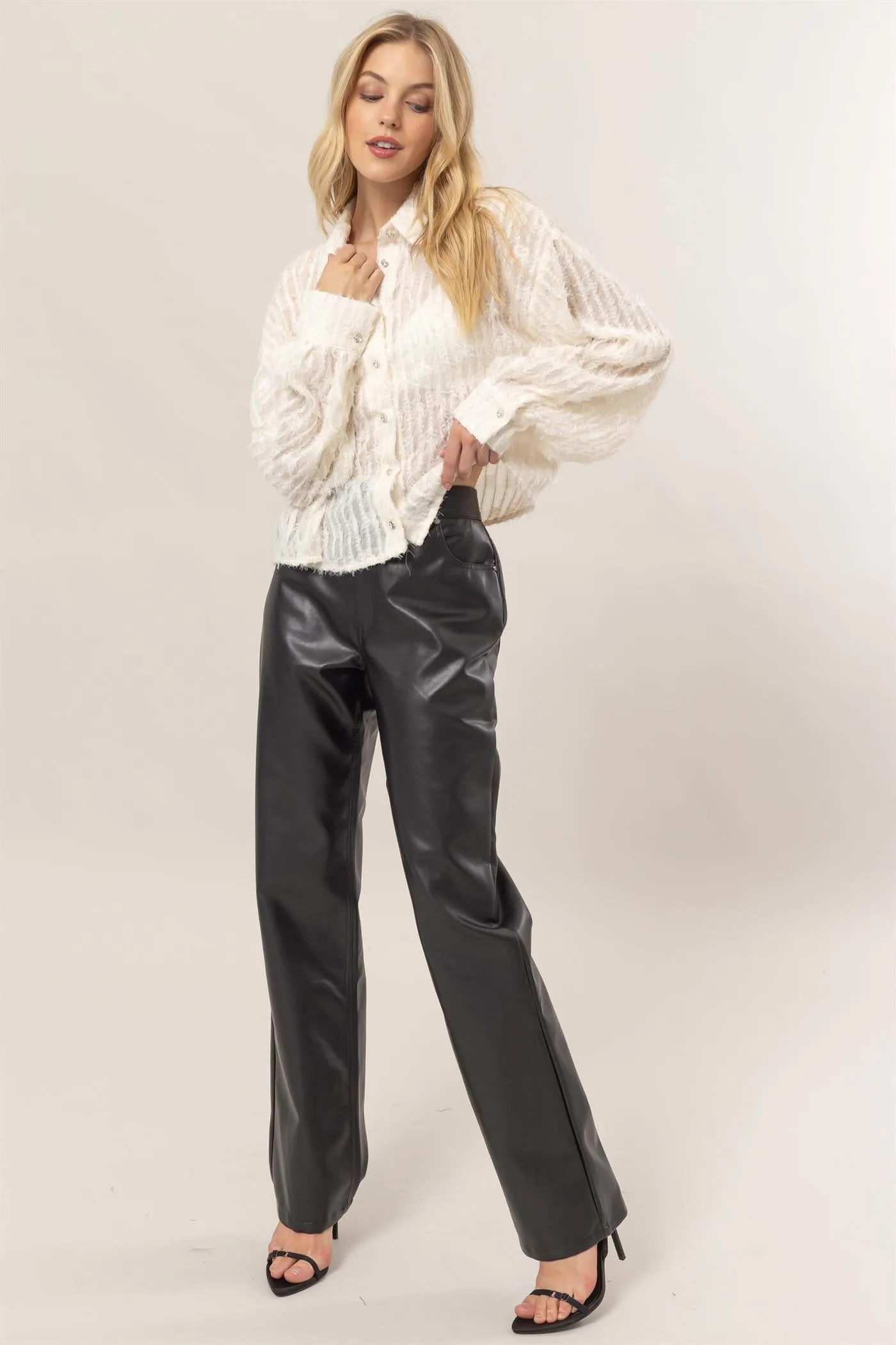 HF24F037-Fuzzy Button Down Blouse