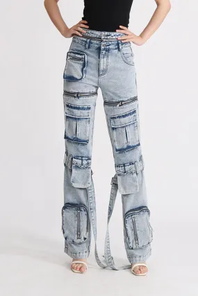 hulianfu Detachable Zipped Design Chic Multi Pocket Washed Jeans