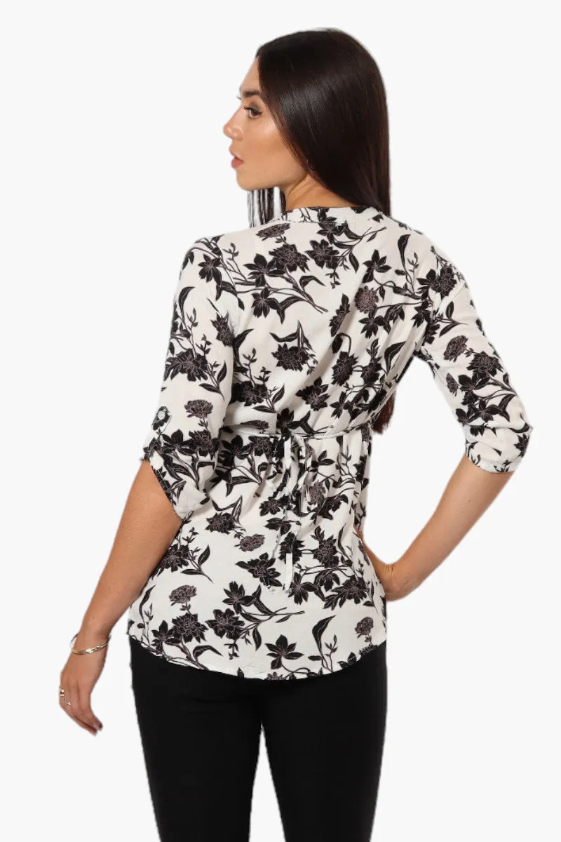 International INC Company Floral Tie Back Roll Up Sleeve Shirt - White