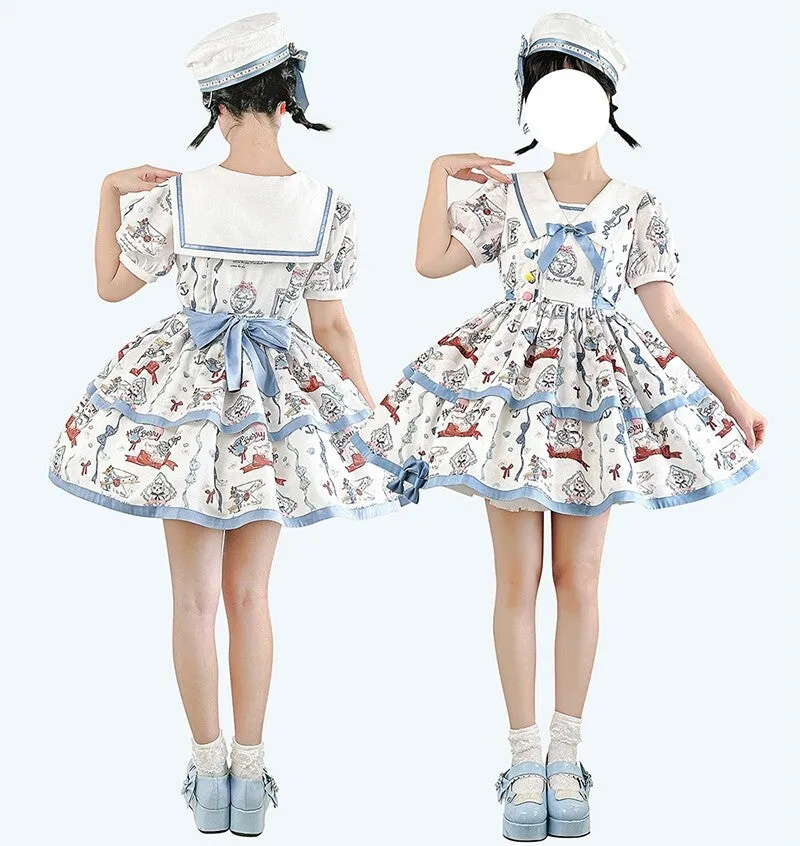 Kawaii Blue Cartoon Navy Cat Print Lolita Dress
