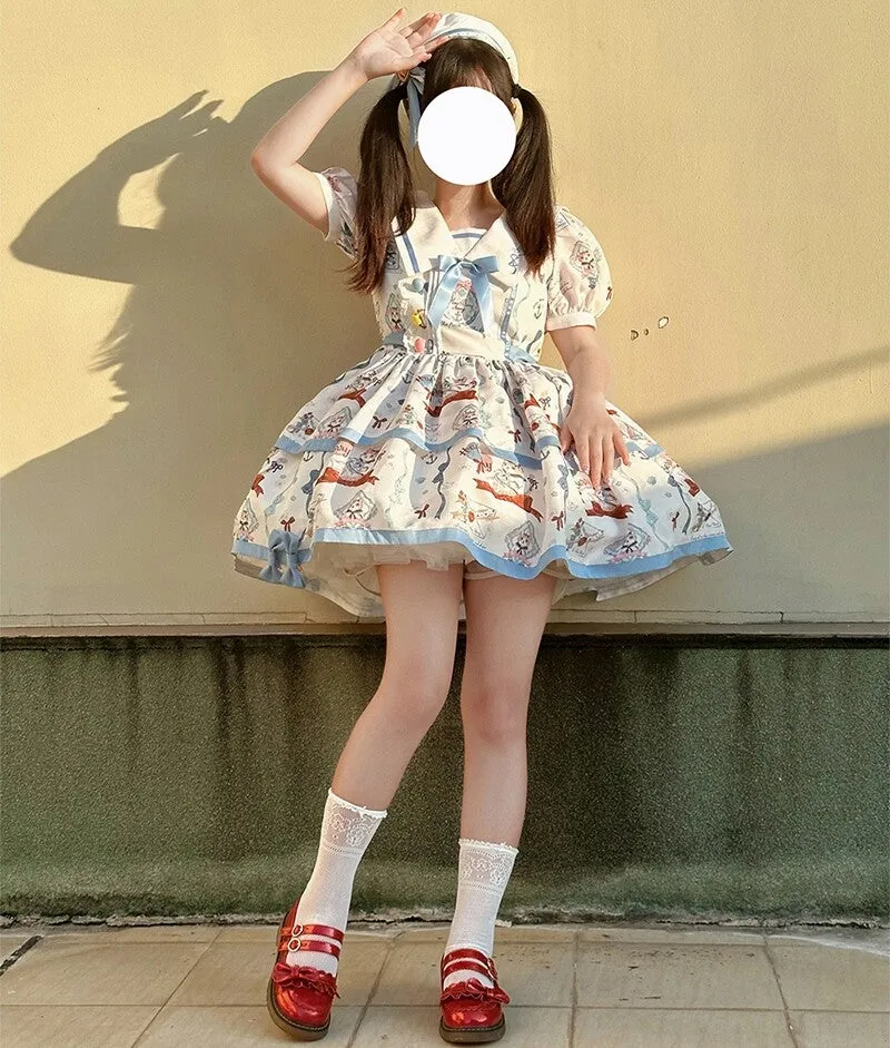Kawaii Blue Cartoon Navy Cat Print Lolita Dress