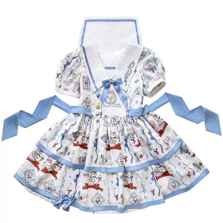 Kawaii Blue Cartoon Navy Cat Print Lolita Dress
