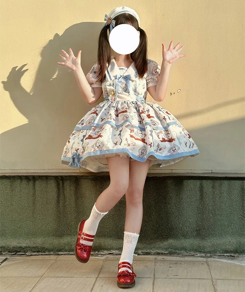 Kawaii Blue Cartoon Navy Cat Print Lolita Dress