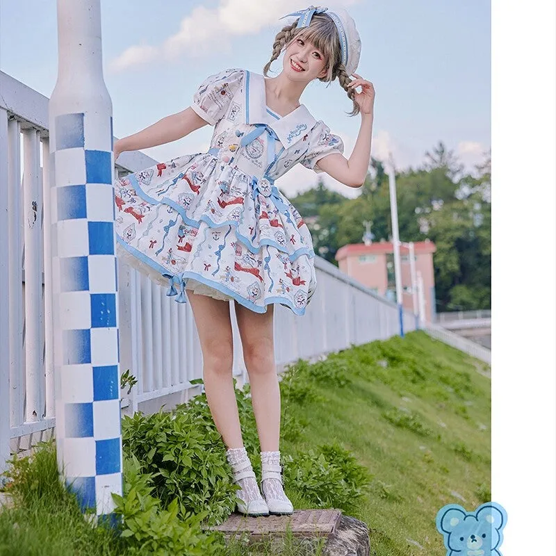 Kawaii Blue Cartoon Navy Cat Print Lolita Dress