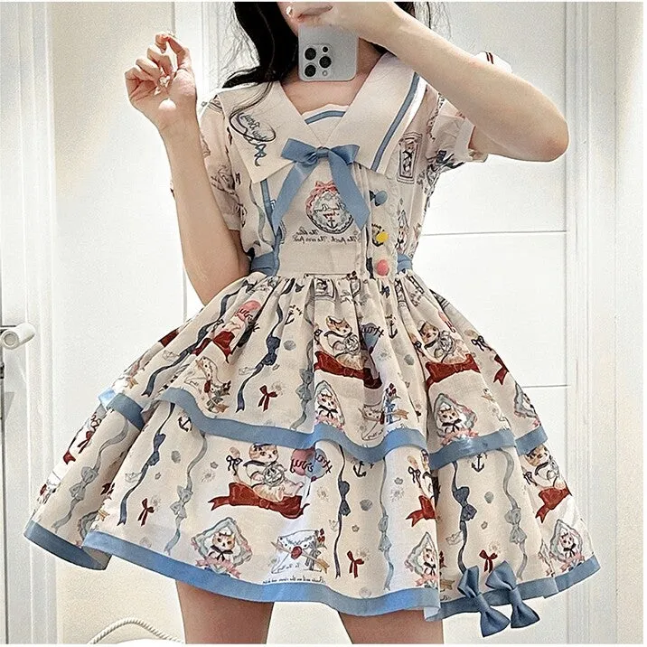 Kawaii Blue Cartoon Navy Cat Print Lolita Dress