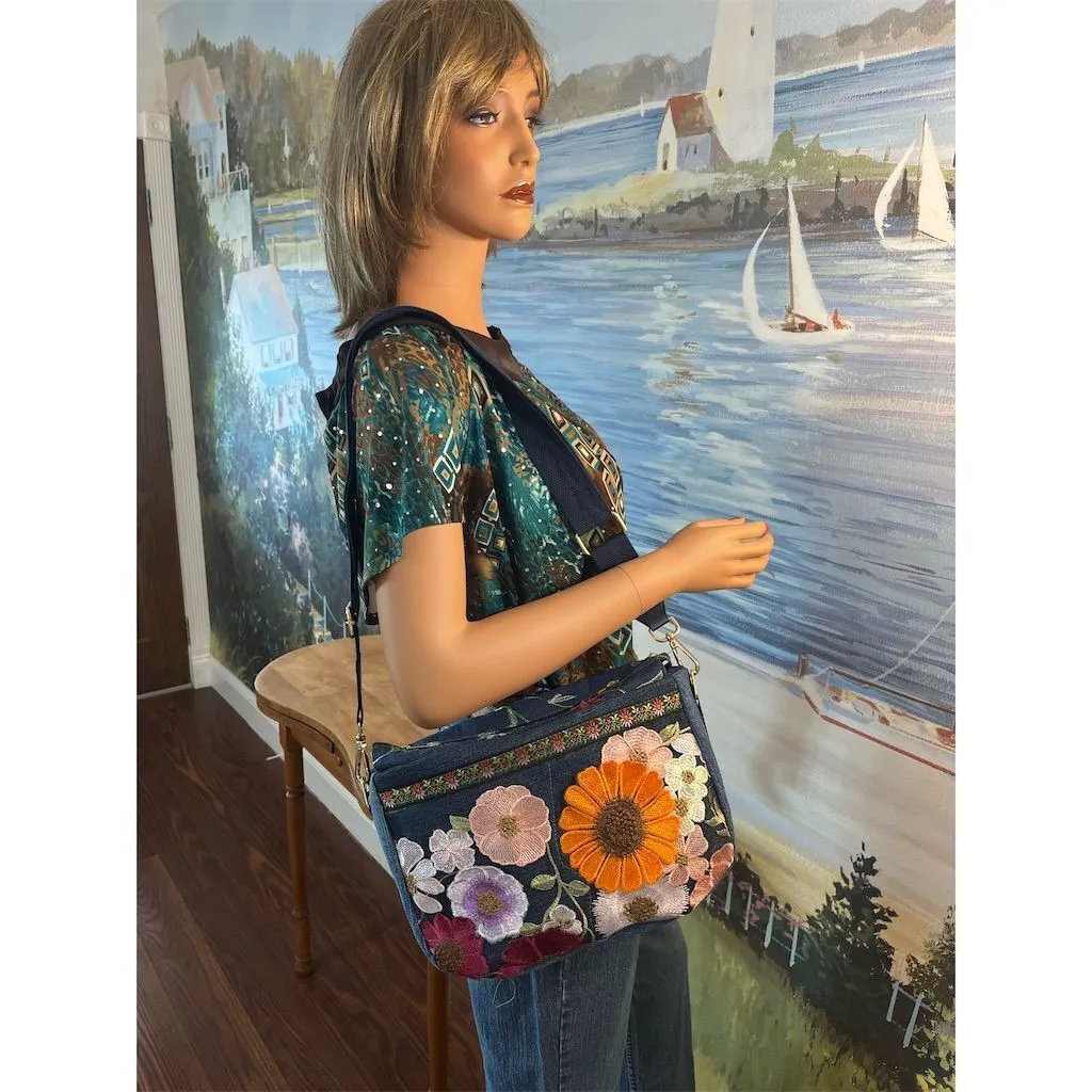 Lidia’s Bags Women's Blue Floral Embroidered Denim Shoulder Bag (C835-26)