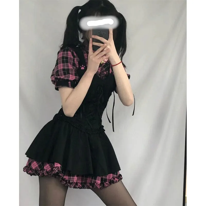 Lolita Pink Plaid Short Sleeve Strap Midi Dress