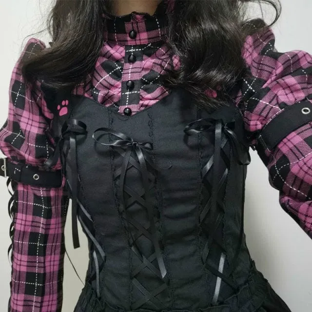 Lolita Pink Plaid Short Sleeve Strap Midi Dress