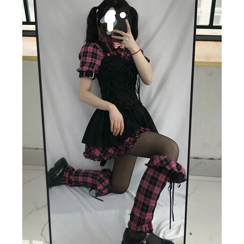 Lolita Pink Plaid Short Sleeve Strap Midi Dress