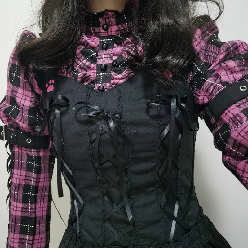 Lolita Pink Plaid Short Sleeve Strap Midi Dress