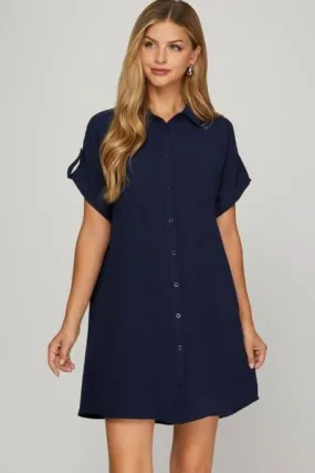 Navy Button-Down Short Sleeve Shirt Dress