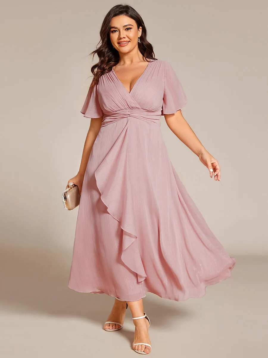 Plus Shimmer V Neck Tea Length Wedding Guest Dress With Short Sleeves