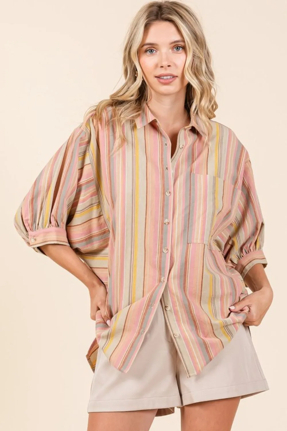 Striped Button-Down Shirt with Bubble Sleeves