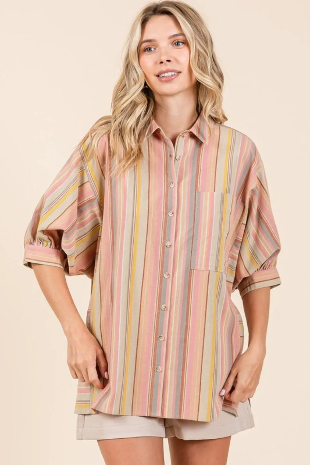 Striped Button-Down Shirt with Bubble Sleeves