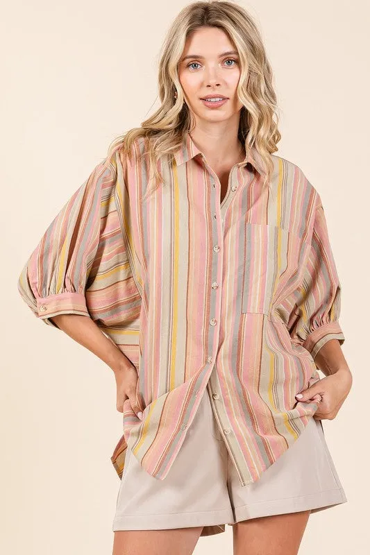 Striped Button-Down Shirt with Bubble Sleeves