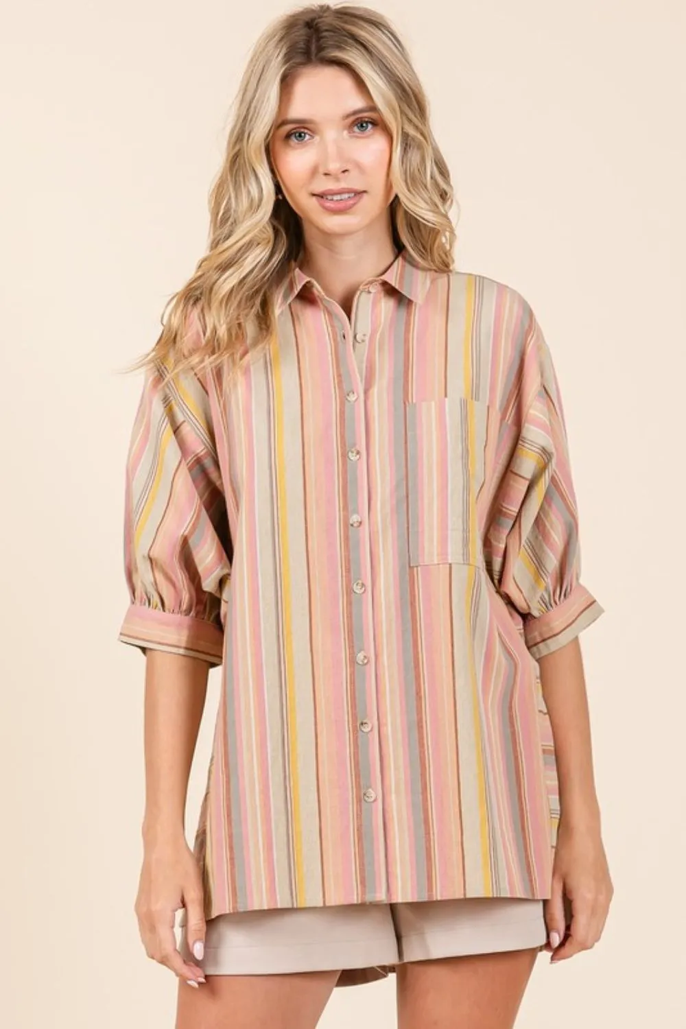Striped Button-Down Shirt with Bubble Sleeves