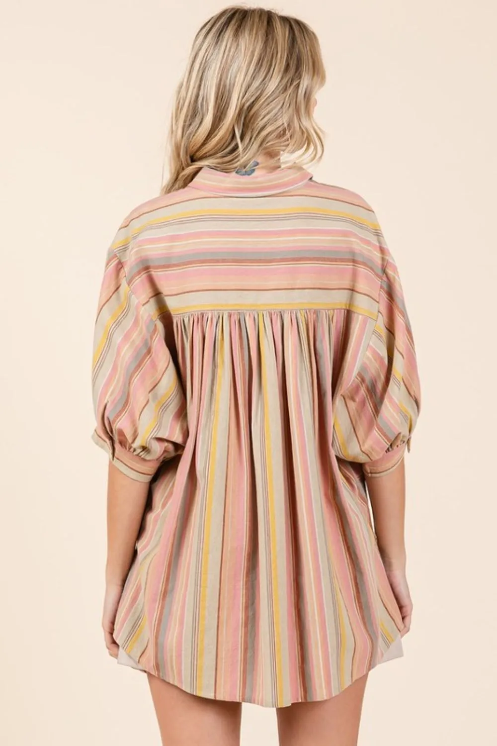 Striped Button-Down Shirt with Bubble Sleeves