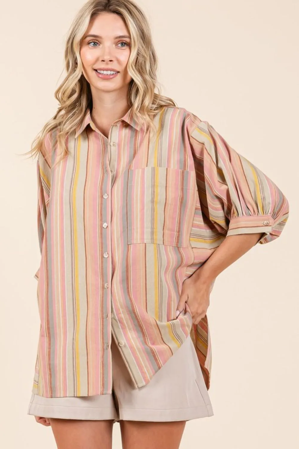 Striped Button-Down Shirt with Bubble Sleeves