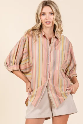 Striped Button-Down Shirt with Bubble Sleeves