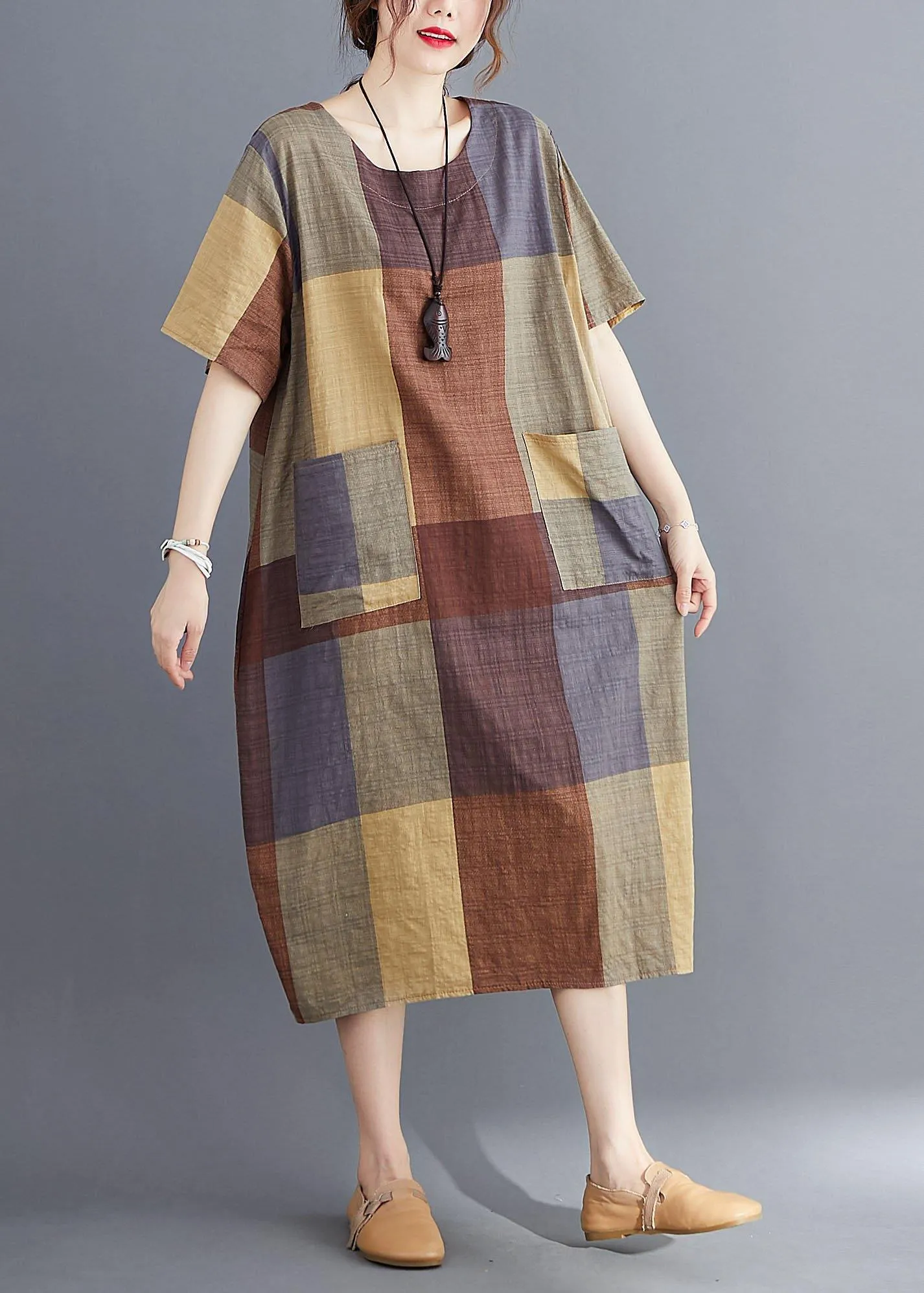Stylish Blue O Neck Plaid Maxi Dresses Cotton Linen Summer