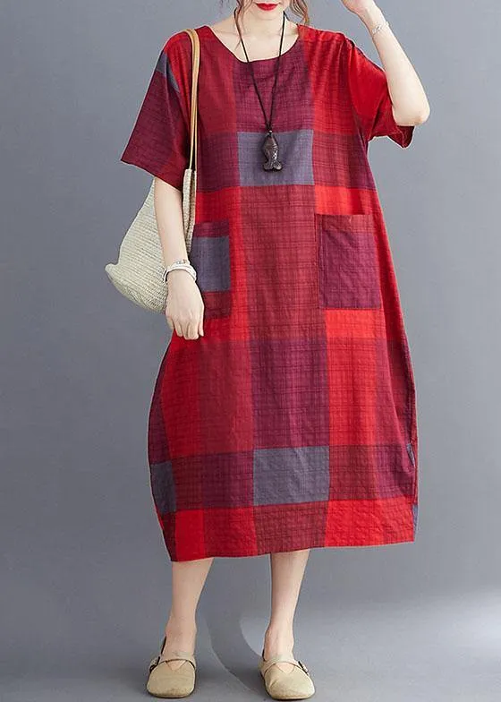 Stylish Blue O Neck Plaid Maxi Dresses Cotton Linen Summer
