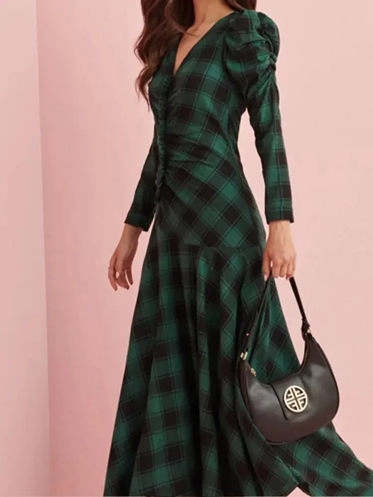 UAKISS  -  Woman Elegant Long Sleeves V Neck Maxi Dress Fashion Plaid Green High Waist Lady Dresses New Fall Commuter Street Vestidos