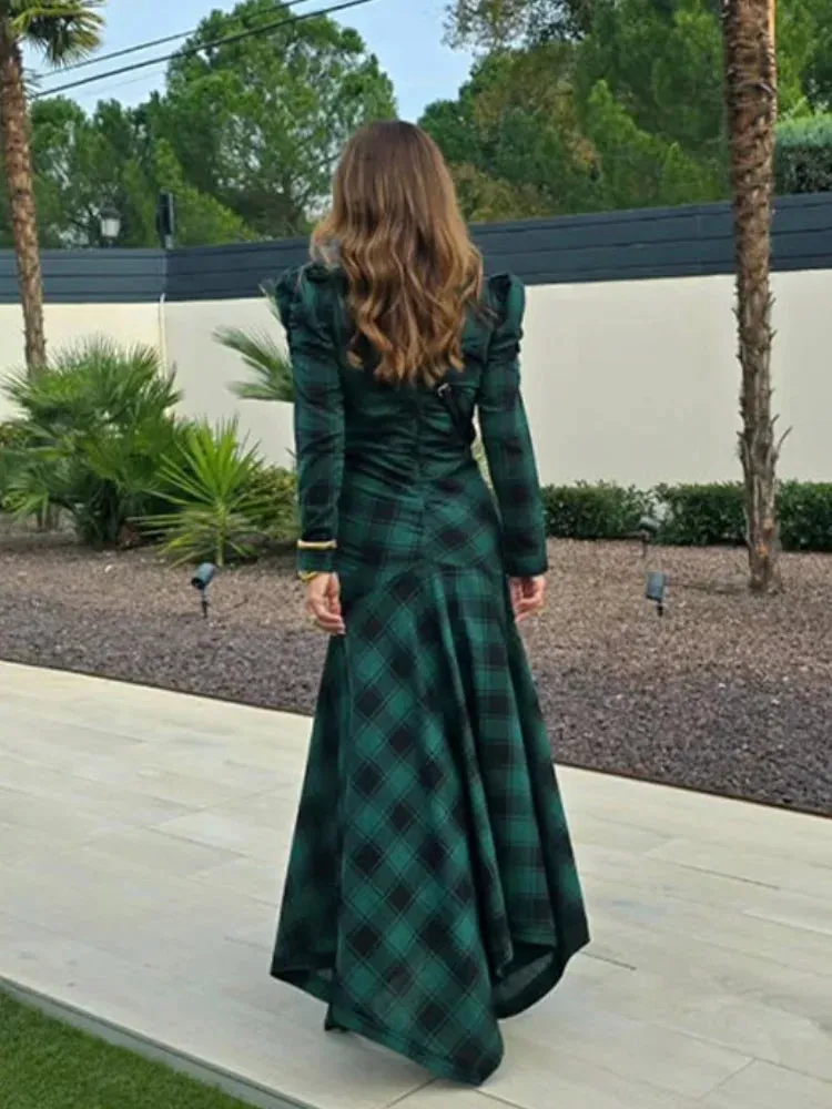 UAKISS  -  Woman Elegant Long Sleeves V Neck Maxi Dress Fashion Plaid Green High Waist Lady Dresses New Fall Commuter Street Vestidos