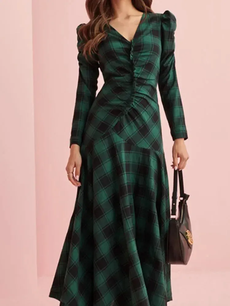 UAKISS  -  Woman Elegant Long Sleeves V Neck Maxi Dress Fashion Plaid Green High Waist Lady Dresses New Fall Commuter Street Vestidos