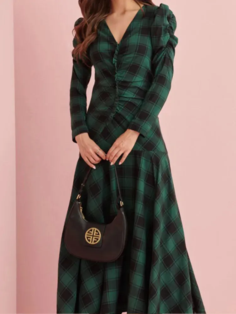 UAKISS  -  Woman Elegant Long Sleeves V Neck Maxi Dress Fashion Plaid Green High Waist Lady Dresses New Fall Commuter Street Vestidos