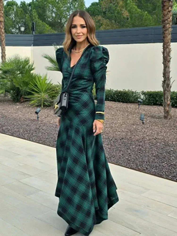 UAKISS  -  Woman Elegant Long Sleeves V Neck Maxi Dress Fashion Plaid Green High Waist Lady Dresses New Fall Commuter Street Vestidos