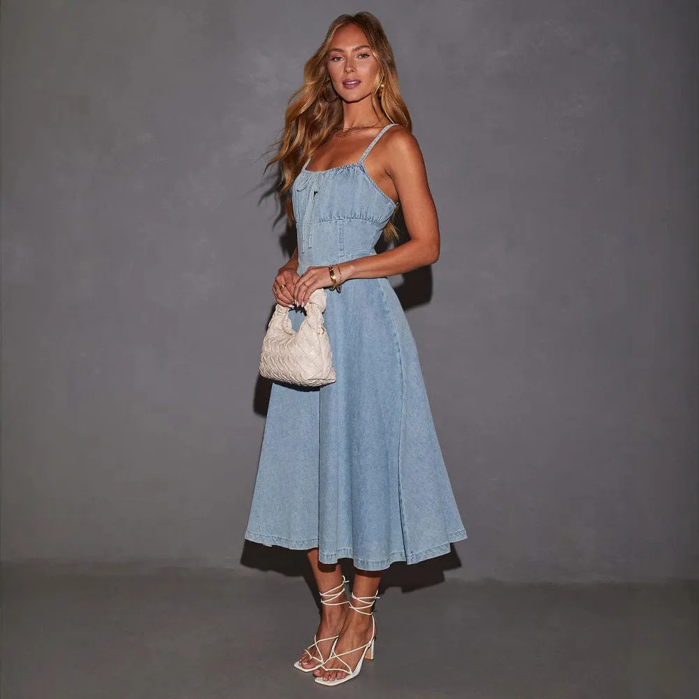 Waist-Slimming Cutout Sling Denim Mini Dress – Trendy & Chic