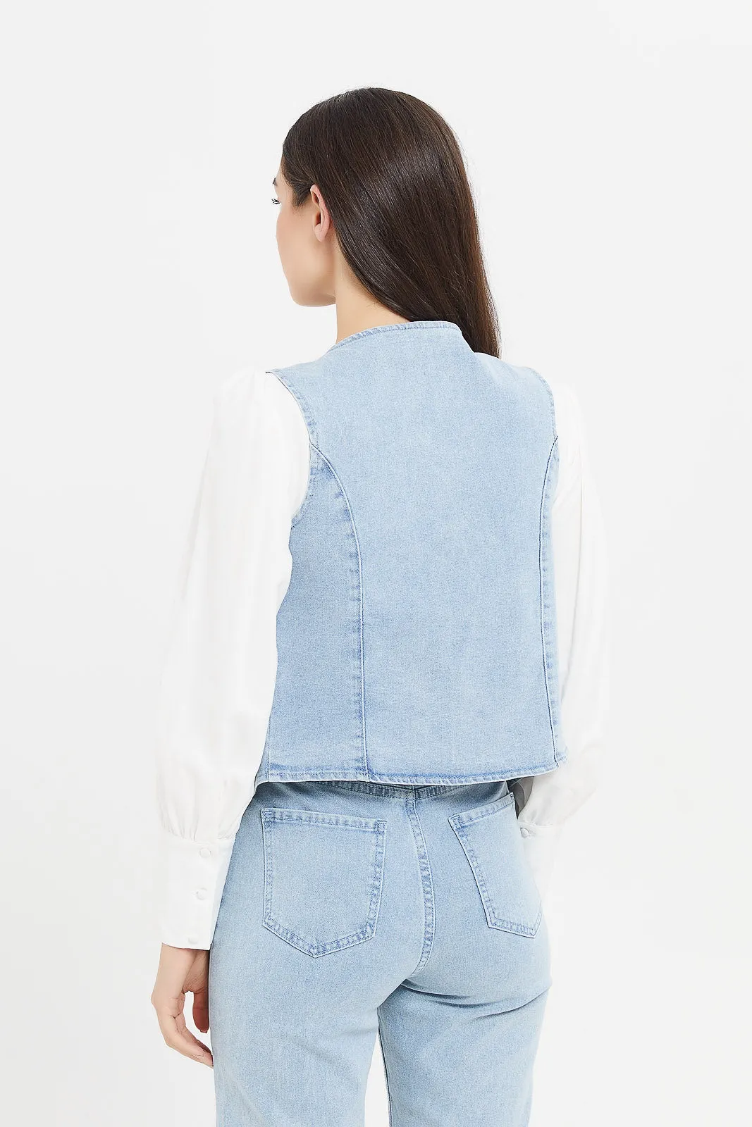 Women Blue Denim Jewel Waistcoat