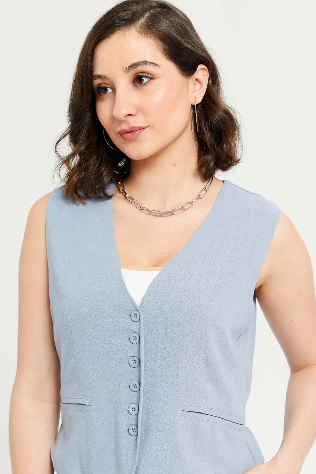 Women Blue Linen Waistcoat